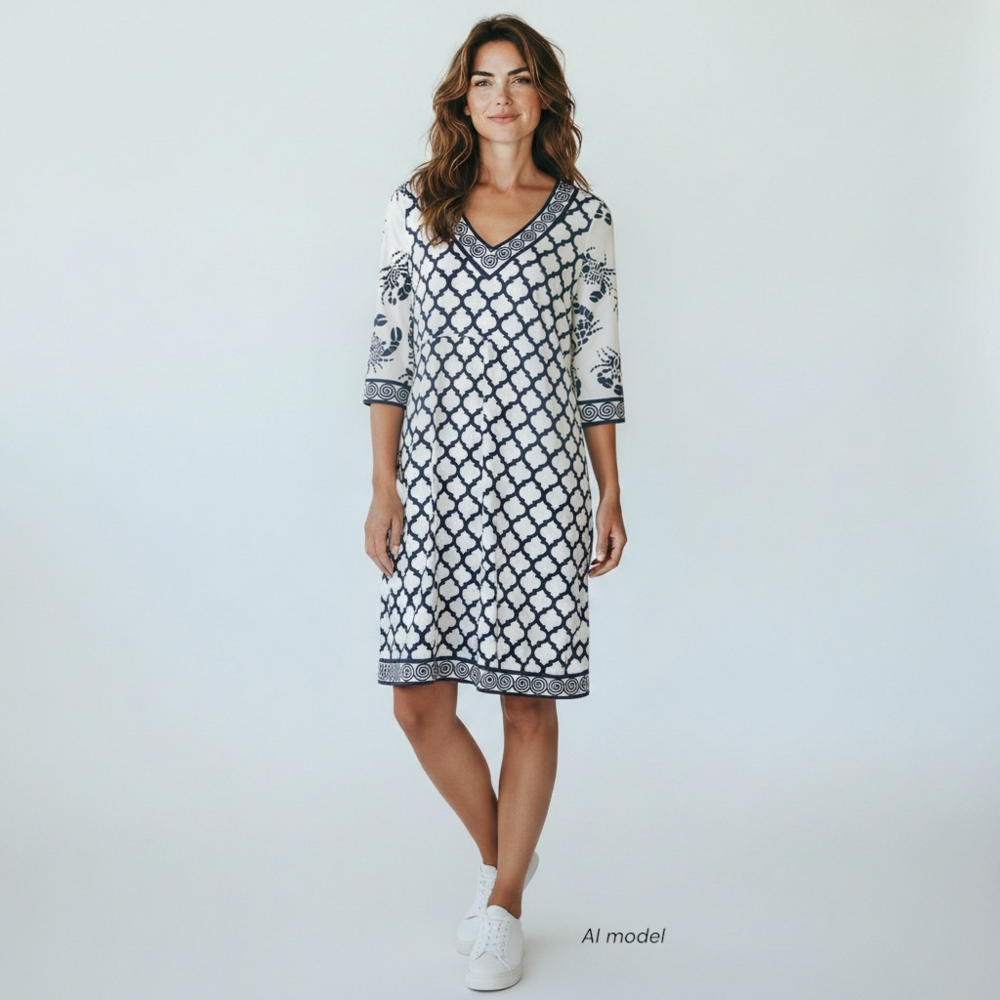 Gretchen Scott Dress Womens Large White Blue Crab Soup Shift Contrast Trim Scuba